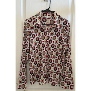 DRESSBARN Button Up Shirt Large Geometric Print Bell Sleeve PLEATED Top Blouse